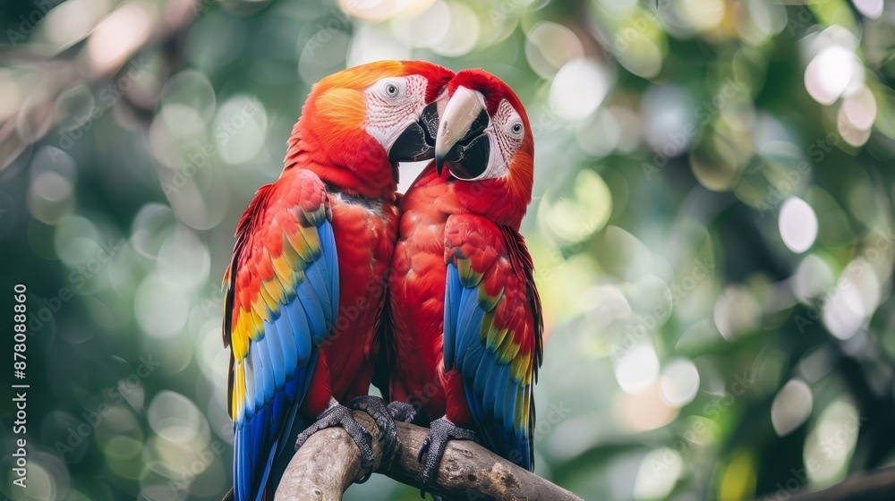 Obraz premium Two vibrant parrots perch side by side on a tree branch laden with green foliage