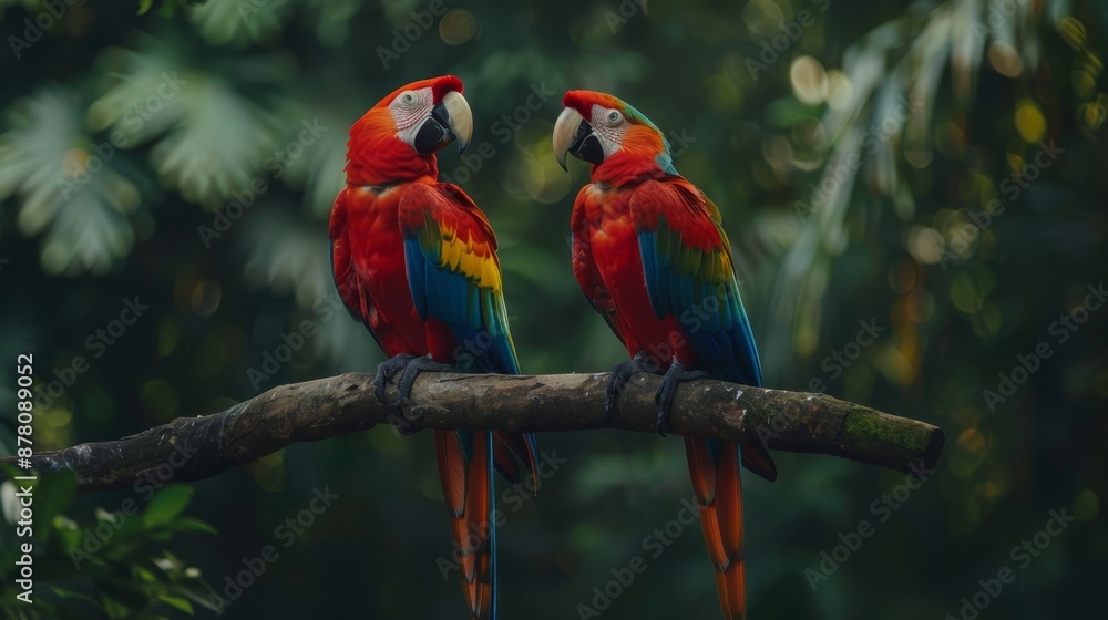 Two parrots, vividly colored, perch on a tree branch against a lush, green forest backdrop adorned with leaves Two parrots, vividly colored, perch on a tree branch against a lush, green forest backdrop adorned with leaves