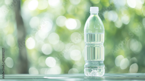 Plastic bottle of water on an outdoor table with a blurred green background. The bottle is clear and filled, reflecting light and nature