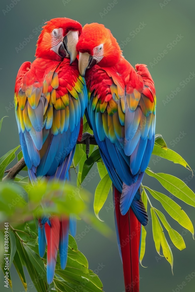 Obraz premium A few vibrant birds perch atop a lush, green tree, surrounded by leafy branches