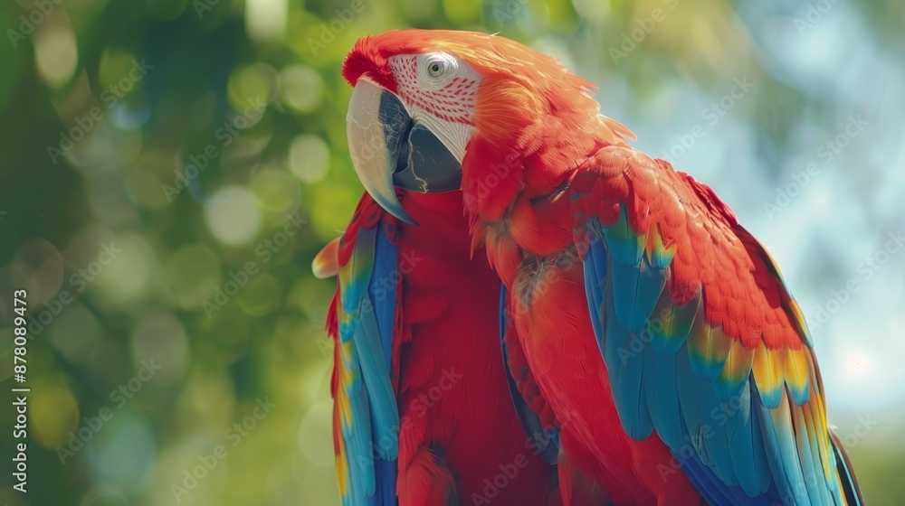 Obraz premium A vibrant parrot sits atop a tree branch against a lush, green background Another parrot, adorned with blue, red, and yellow feathers, perches on