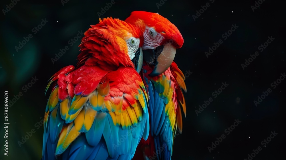 Fototapeta premium Two parrots, colorfully perched, on a single branch against a dark forest backdrop