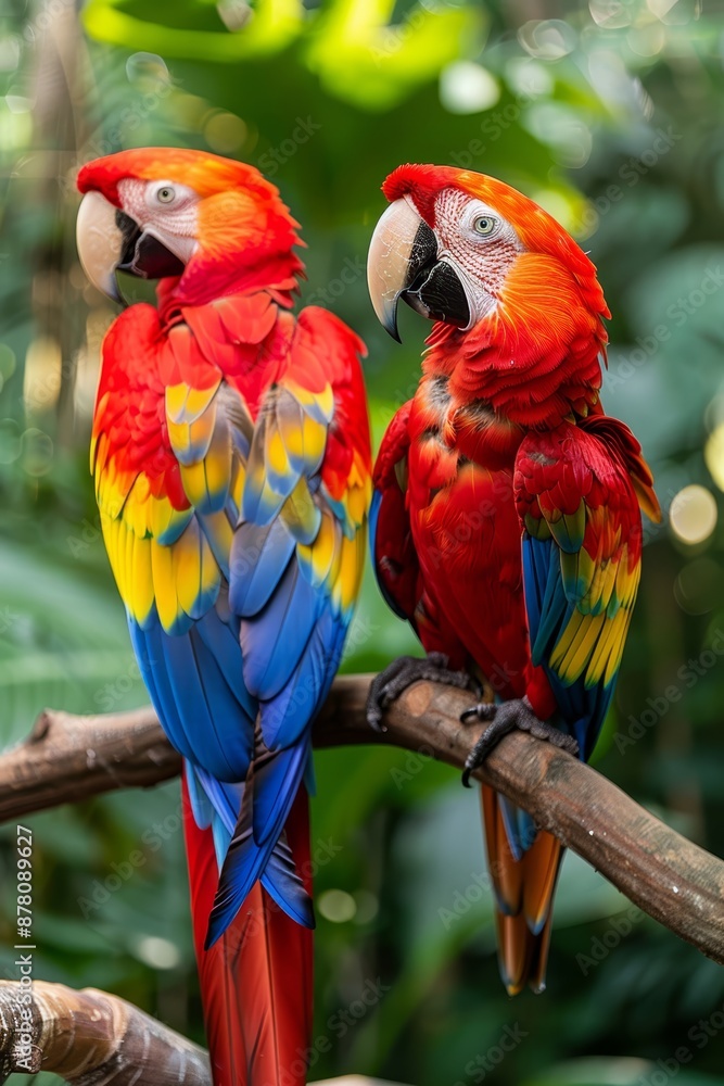 Obraz premium Two parrots, one red and one yellow, perch on a tree branch against a lush, green background in a tropical setting