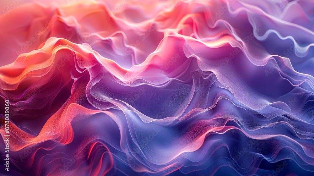 Fototapeta premium Flowing Fabric with Vibrant Purple, Pink, and Blue Shades: Dynamic Movement, Rippling Effect, Visually Appealing Pattern, Ideal for Backgrounds, Wallpaper, or Textile Design