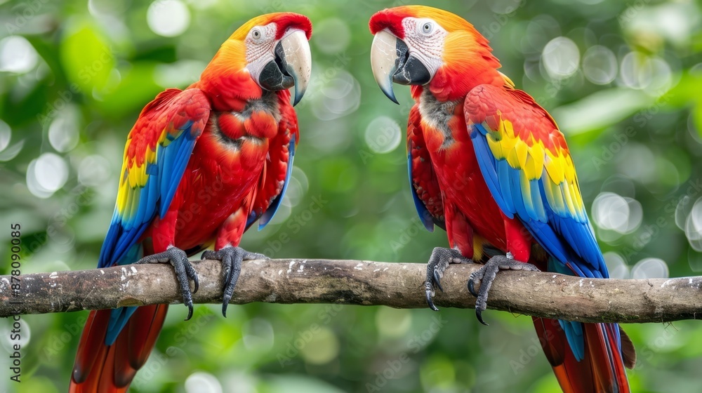 Two vibrant parrots perch on a tree branch against a lush, green backdrop with abundant foliage - in a zoo setting Two vibrant parrots perch on a tree branch against a lush, green backdrop with abundant foliage - in a zoo setting