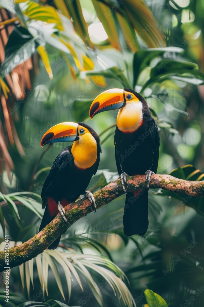 Obraz premium Two toucans perch on a branch in a tropical forest One is yellow, the other is black