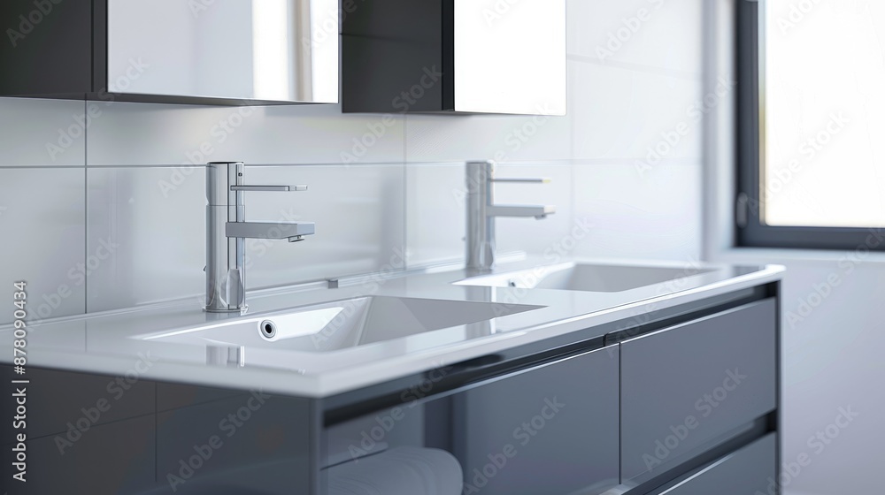 A contemporary bathroom with a double sink vanity and touch-activated faucets A contemporary bathroom with a double sink vanity and touch-activated faucets