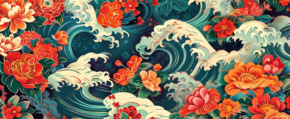 An artistic wallpaper displaying a vibrant Japanese-style patter An artistic wallpaper displaying a vibrant Japanese-style patter