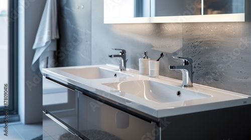 A contemporary bathroom with a double sink vanity and touch-activated faucets