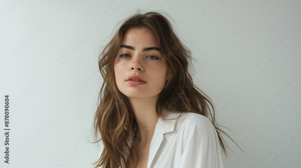 A stunning supermodel in her early 20s wearing a classic white shirt, looking into the camera with a subtle smile A stunning supermodel in her early 20s wearing a classic white shirt, looking into the camera with a subtle smile