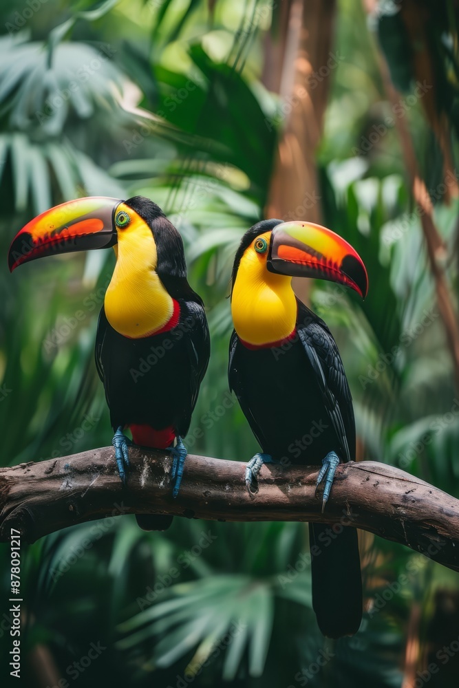 Obraz premium Two toucans on a branch, one with a yellow beak