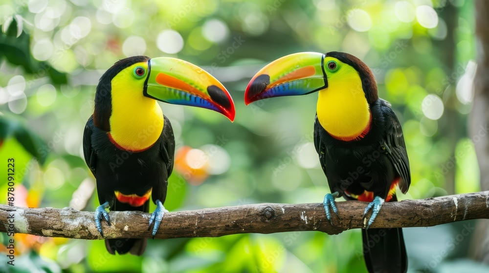 Obraz premium Two toucans on a tree branch, beaks gently touching foreheads