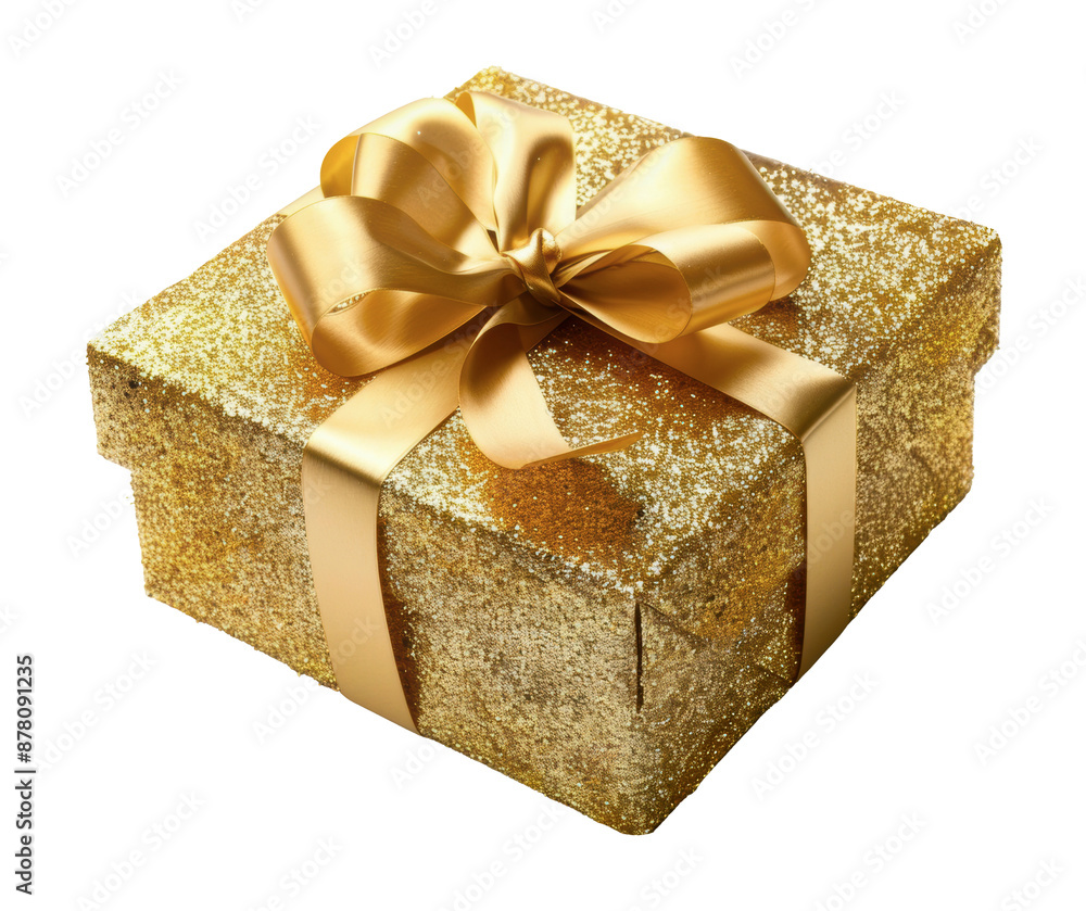 Gold gift box with satin ribbon, cut out - stock png. Gold gift box with satin ribbon, cut out - stock png.