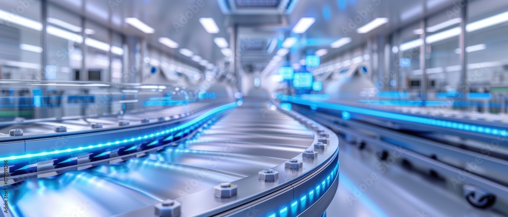 Fototapeta premium Futuristic pharmaceutical production facility, glowing conveyor belts and robotic equipment, clean and advanced, Neon colors, Photography