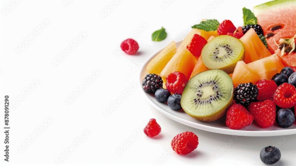 Fresh fruit platter with sliced melon, berries, and kiwi, clean white background with ample copy space, bright and healthy, Illustration Fresh fruit platter with sliced melon, berries, and kiwi, clean white background with ample copy space, bright and healthy, Illustration