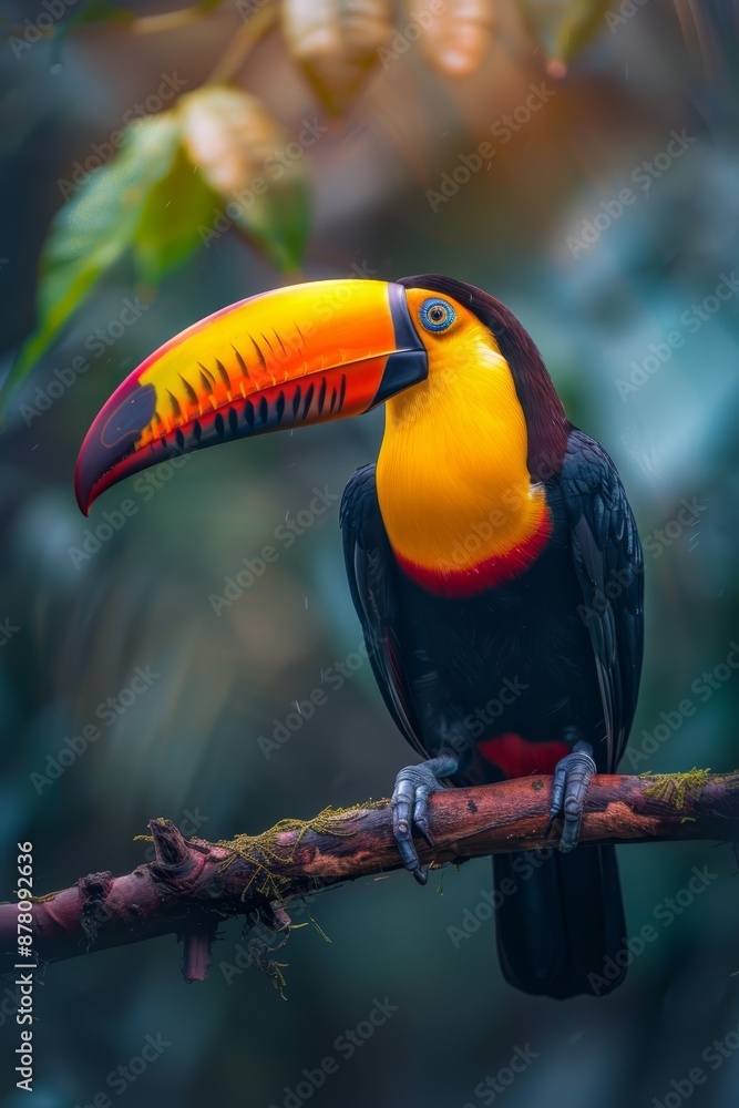 Fototapeta premium A vibrant toucan perches on a verdant branch against a backdrop of lush green foliage and a serene blue sky