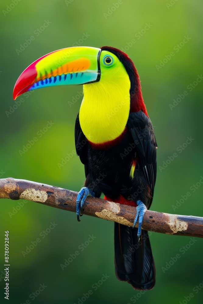 A toucan on a branch, sporting a vibrant, colored beak against a green backdrop A toucan on a branch, sporting a vibrant, colored beak against a green backdrop