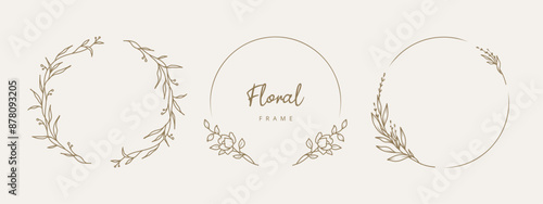 Hand drawn floral frames with flowers, branch and leaves. Elegant logo template. Vector illustration for labels, branding, business identity, wedding invitation