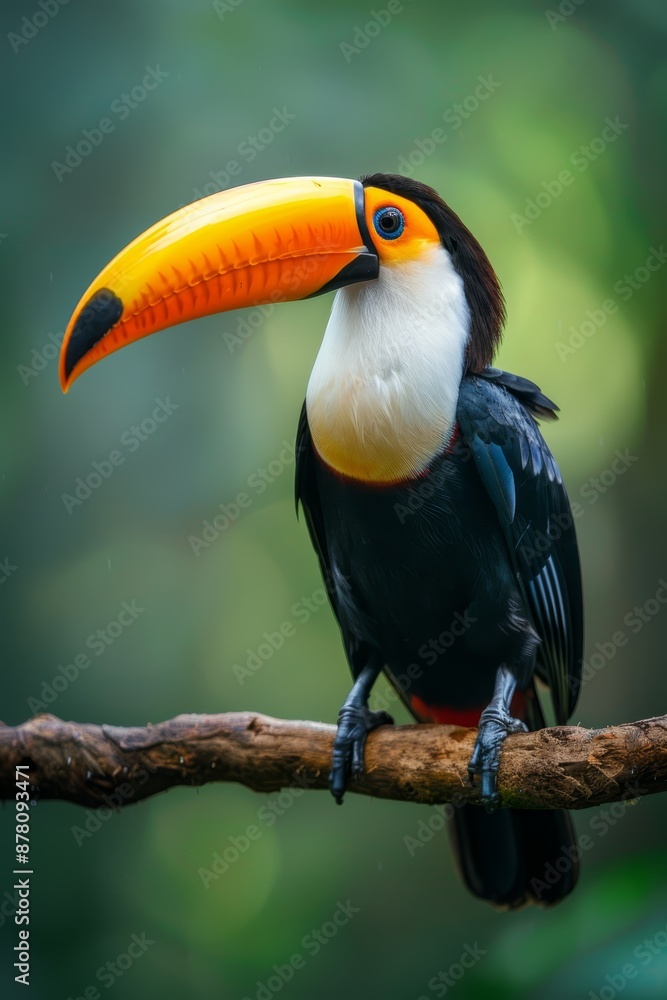 A toucan perched on a branch, its vibrant red-orange beak contrasting with the black tip and yellow base, amidst a backdrop of lush green leaves A toucan perched on a branch, its vibrant red-orange beak contrasting with the black tip and yellow base, amidst a backdrop of lush green leaves
