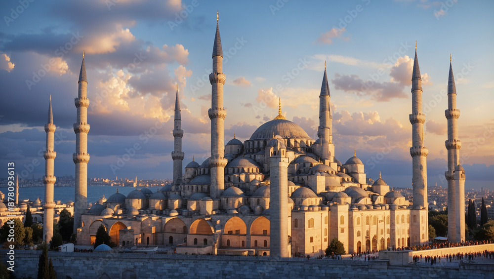 Naklejka premium the Hagia Sophia mosque in Istanbul, Turkey, with six tall minarets, a large central dome, and a sunset sky.