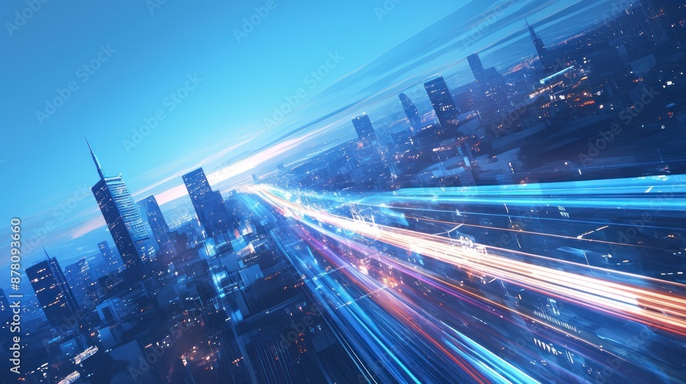 Fototapeta premium Cityscape and light speed lines, fast digital communication technology in urban environment. The design conveys modernity and technological sophistication to convey futuristic information