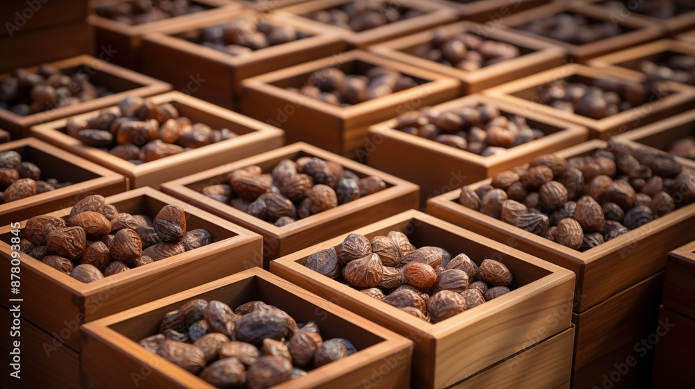 Wooden boxes filled with nutmeg seeds arranged in rows.