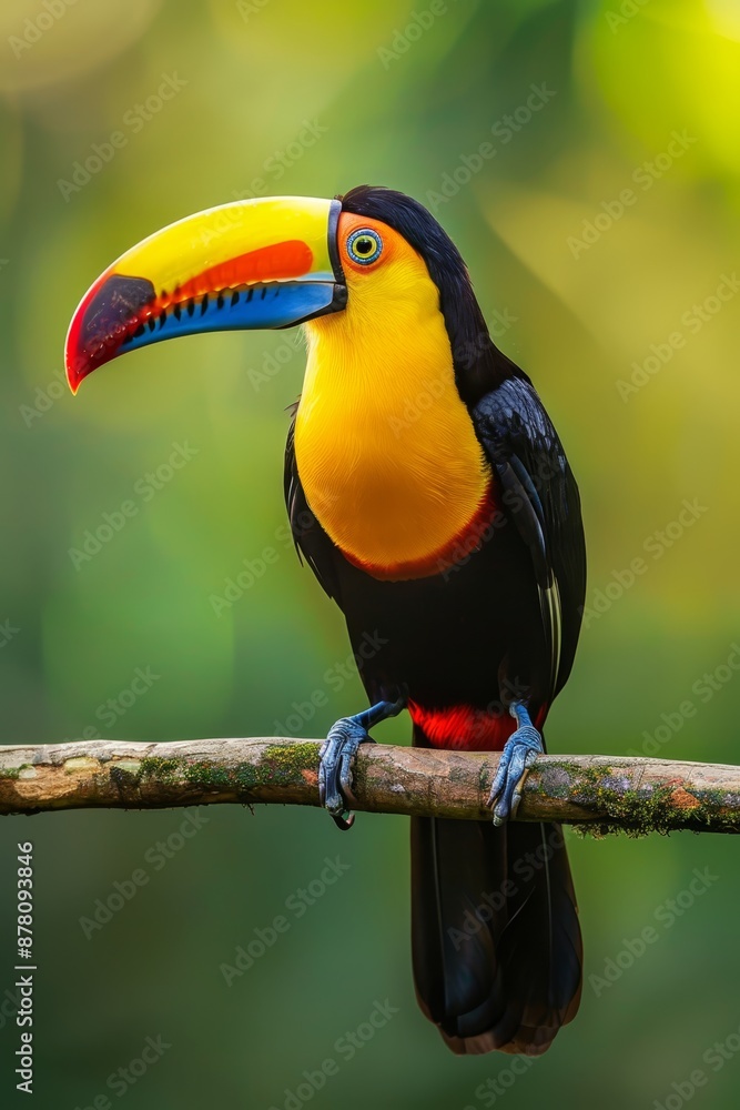 Obraz premium A toucan perched on a green branch, boasting a vibrant, colorful beak