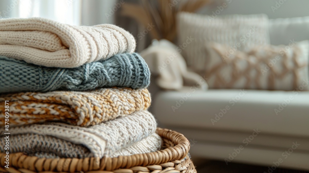 Stacked pastel sweaters in wicker basket on table in living room Fall winter knitwear with various patterns Close up with space for text Stacked pastel sweaters in wicker basket on table in living room Fall winter knitwear with various patterns Close up with space for text