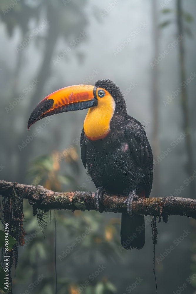 Obraz premium A toucan perches on a tree branch, surrounded by foggy forest Trees shrouded in mist form a backdrop