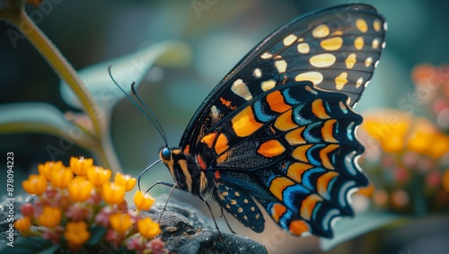 A close-up macro photograph of a vibrant butterfly with colorful wings featuring intricate patterns, perched on a cluster of bright yellow and pink flowers in a blurred background. photo