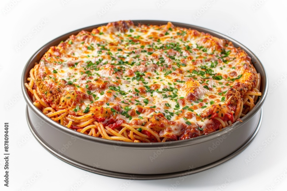 Steaming Hot Deep-Dish Spaghetti Pizza with Melted Mozzarella and Fresh Toppings Steaming Hot Deep-Dish Spaghetti Pizza with Melted Mozzarella and Fresh Toppings