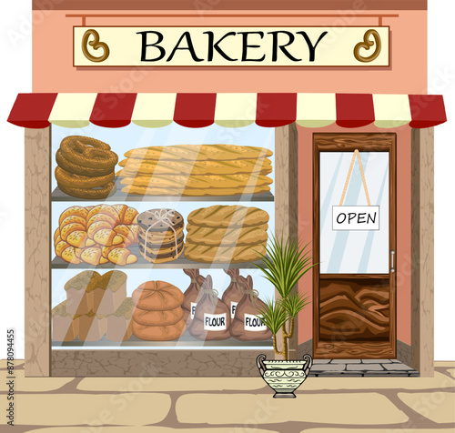 Bread shop in vector illustration.Color vector illustration with a bakery shop on a transparent background.