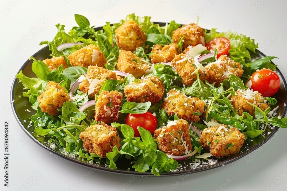 Appetizing Deep-Fried Eggplant Crouton Salad with Tangy Dressing Appetizing Deep-Fried Eggplant Crouton Salad with Tangy Dressing
