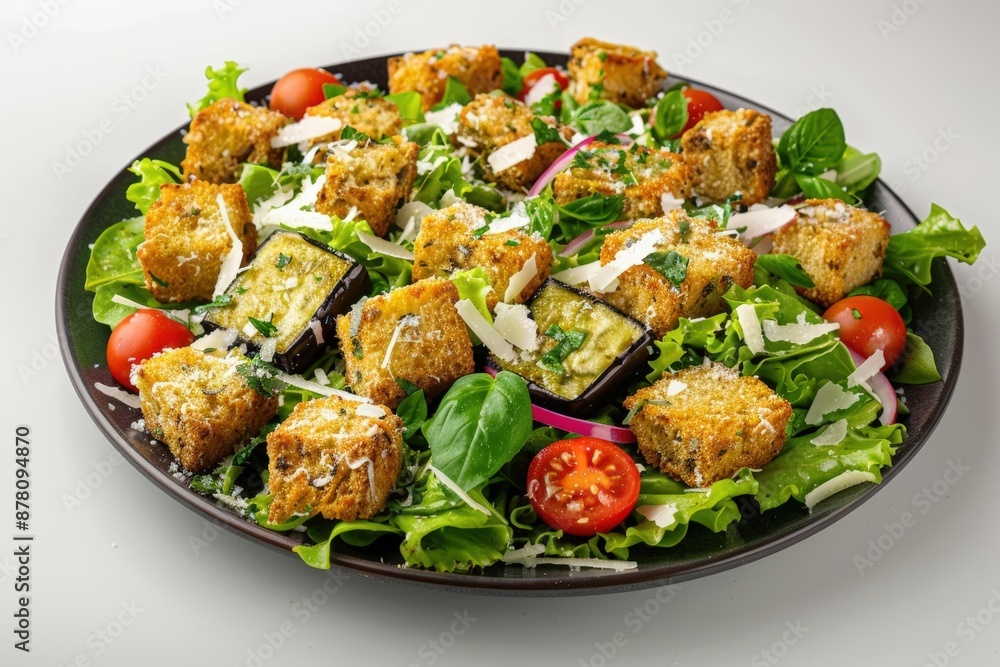Savory Deep-Fried Eggplant Crouton Salad with Tangy Vinaigrette
