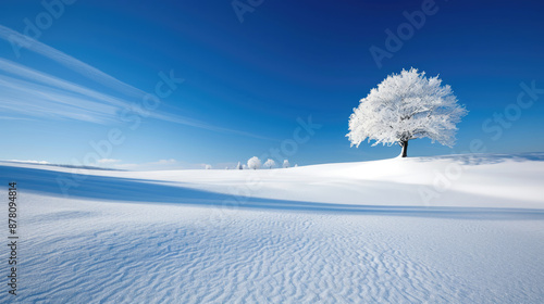 Lonely tree in the middle of snow field photo