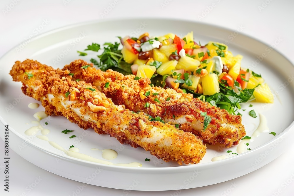 Flavorful Mahi-Mahi Macadamia Nut Fingers with Fresh Fruit and Mint Flavorful Mahi-Mahi Macadamia Nut Fingers with Fresh Fruit and Mint
