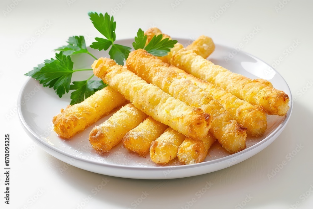 Saffron-Parmesan Sticks: Delicate Infusion on White Plate Saffron-Parmesan Sticks: Delicate Infusion on White Plate