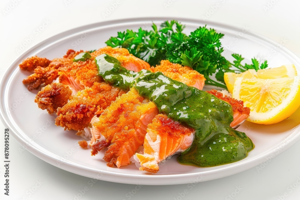 Elegant Plating of Deep-Fried Salmon Fillet with Mustard Sauce and Bread Crumbs Elegant Plating of Deep-Fried Salmon Fillet with Mustard Sauce and Bread Crumbs