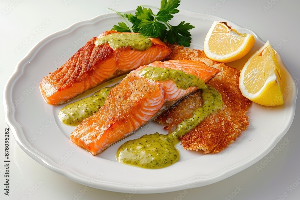 Tasty Deep-Fried Salmon Fillet with Mustard Sauce and Golden Panko Coating Tasty Deep-Fried Salmon Fillet with Mustard Sauce and Golden Panko Coating