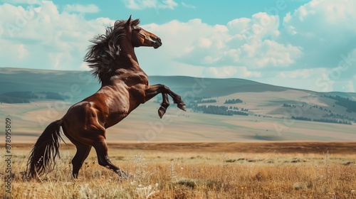  A brown horse rears up on hind legs in a field, surrounded by rolling hills and drifting clouds in the backdrop