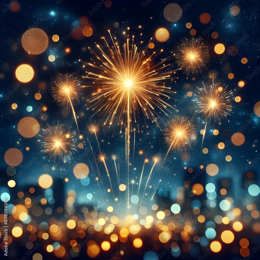 Naklejka premium Fireworks with bright, golden sparks against a night sky filled with a bokeh effect