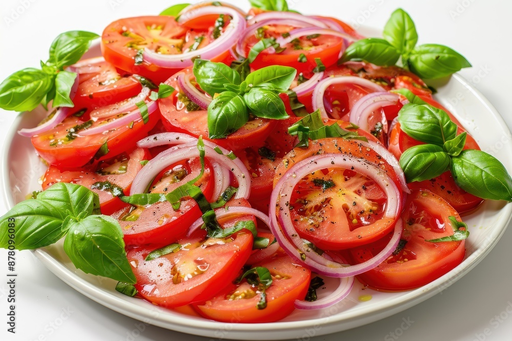 Summery Tomato Salad with Red Onions and Basil Leaves Summery Tomato Salad with Red Onions and Basil Leaves