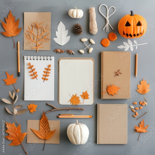 Top view of Halloween craft supplies including pumpkins, leaves, and various materials on a grey background, arranged for creativity. photo