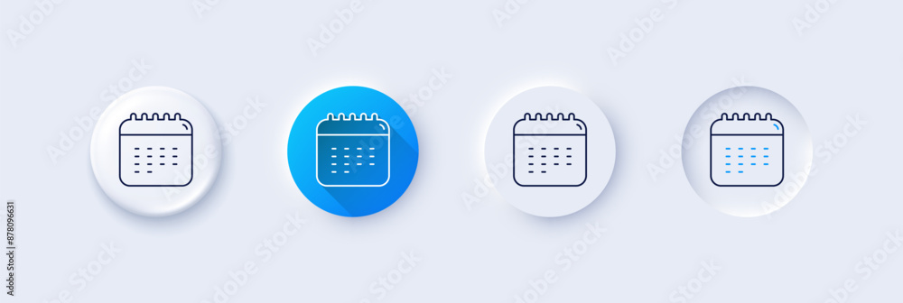Calendar line icon. Neumorphic, Blue gradient, 3d pin buttons. Date reminder sign. Year planner symbol. Line icons. Neumorphic buttons with outline signs. Vector Calendar line icon. Neumorphic, Blue gradient, 3d pin buttons. Date reminder sign. Year planner symbol. Line icons. Neumorphic buttons with outline signs. Vector