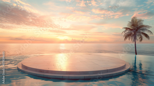 Podium stand in luxury swimming pool water with sea and sunset view. Summer background of tropical design product placement display. Hotel resort poolside backdrop. 