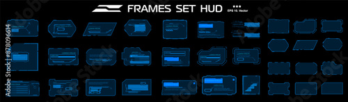 Set blue neon frames. Holographic digital windows and frames. HUD UI dialogs. Frames and blocks with information and data. Graphic modern HUD interface elements. Vector templates with frames