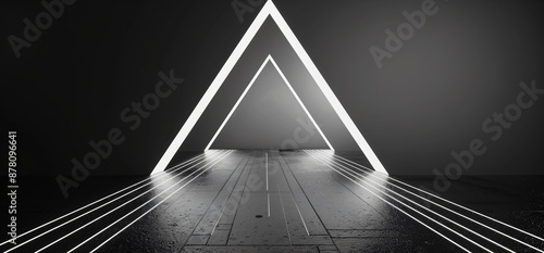 white triangle on black background with lines, black floor, 3d render illustration, high resolution photography