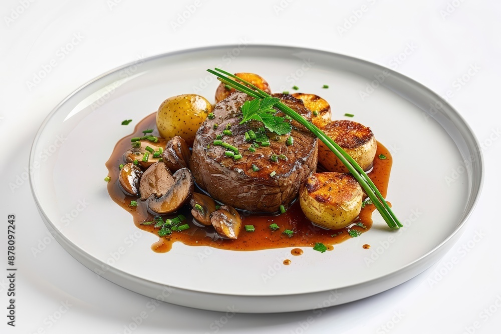 Elegant Plating of Demi-Glace Sauce with Roasted Vegetables and Herbs Elegant Plating of Demi-Glace Sauce with Roasted Vegetables and Herbs