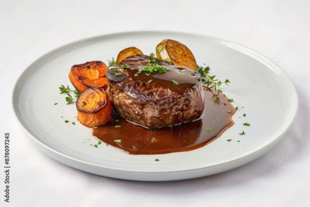 Intensely Flavored Demi-Glace Sauce with Prime Cut of Meat and Herbs Intensely Flavored Demi-Glace Sauce with Prime Cut of Meat and Herbs