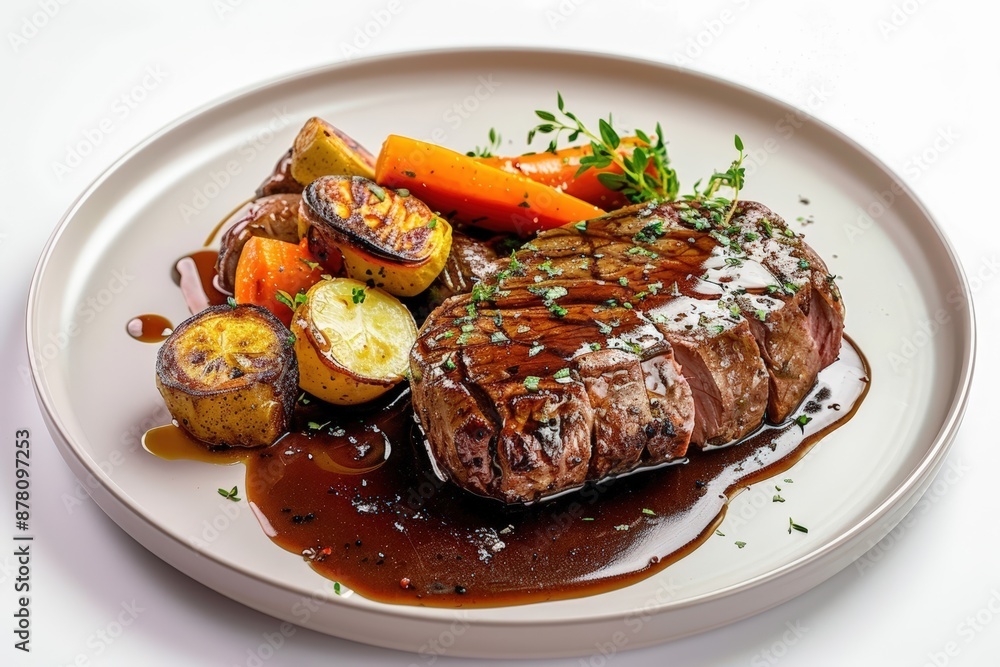 Artfully Plated Demi-Glace Sauce with Perfectly Roasted Vegetables Artfully Plated Demi-Glace Sauce with Perfectly Roasted Vegetables
